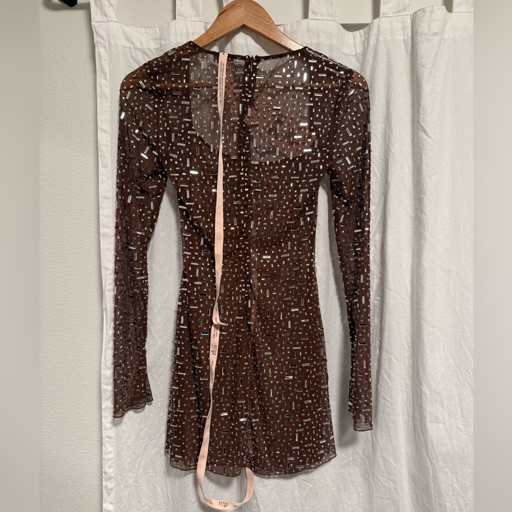 Oh Polly Brown Long-Sleeve Mini Dress with Silver Embellishment - Picture 5 of 9